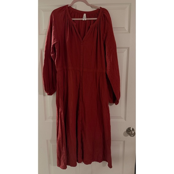 Pact Organic Cotton Gauze Button Front Maxi Dress XL Rust Red Long Sleeve Pocket - Picture 14 of 14